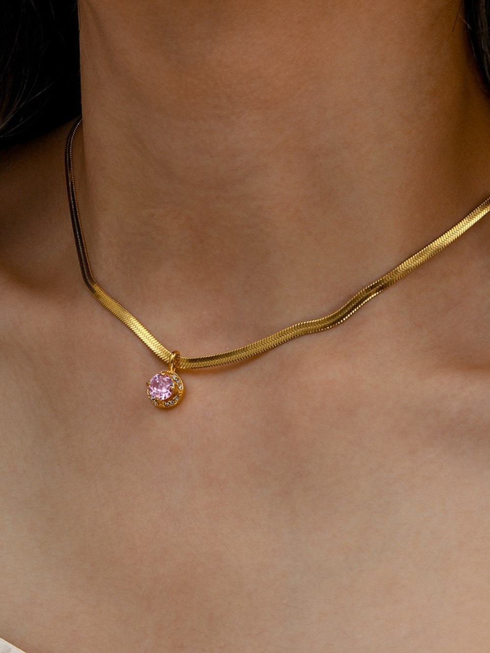 Gold Chain Necklace with Pink Gem Pendant - Women's Jewelry